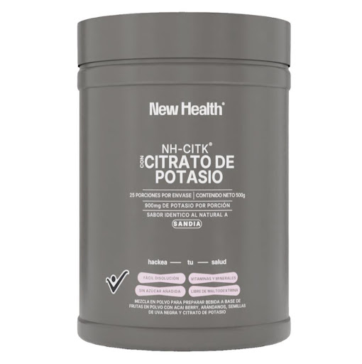 Citrato de Potasio Sandia  Newhealth Tarro x 500gr x 1 und Citrato de Potasio sabor Sandia NEWHEALTH ayuda a eliminar líquidos de tu cuerpo, favorece la presión arterial, previene calambres musculares, función renal adecuada, Ph equilibrado y mantiene tu sist