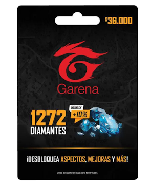 //Tarjeta Recarga Colombia Garena 1272 Diamantes  