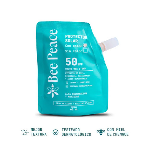 Protector solar-SPF 50 -Refil 60ml con color BEEPEACE ENVASE x 40 nuestro Refill Protector Solar Facial con color ofrece una protección UVA/UVB de amplio espectro con SPF 50. Su fórmula ligera y de rápida absorción proporciona una protección eficaz contra los efecto