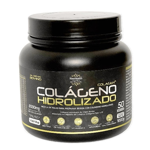 Colágeno Hidrolizado Vainilla NEWHEALTH 1.000gr Newhealth Tarro x 1000gr x 1 und Colágeno hidrolizado sabor Vainilla previene la caida del cabello, problemas digestivos y deterioro de uñas. Concentración de 8.000mg de Colágeno por porción, es de Origen Bovino, adicionado con Pépti