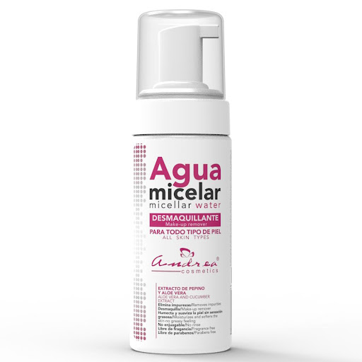 Agua Micelar Espumero ANDREA COSMETICS 150ML x 1 Diseñada para remover suavemente el maquillaje, sin irritar la piel de tu rostro. Cuenta con micelas activas que adicionalmente eliminan la grasa e impurezas acumuladas en el día a día. No necesita en