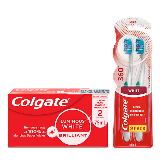 Combo Colgate Lumimous White Crema Dental Econo Pack 2 und x 75 ml + Cepillo Dental 360 Medio x 2 und