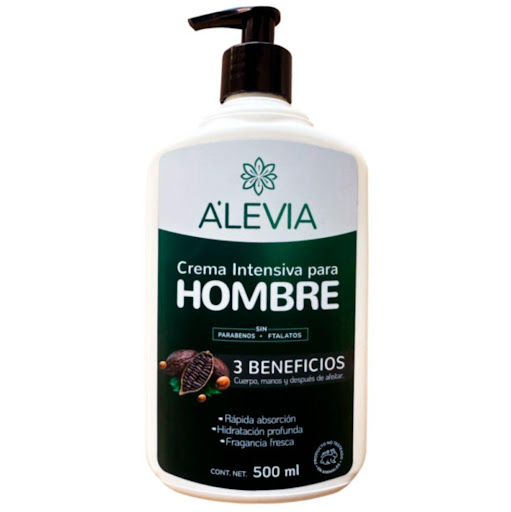 CREMA INTENSIVA PARA HOMBRE X 500 ML ALEVIA ALEVIA 500 ML x 1 A’levia Crema Intensiva para hombre es ideal para cuerpo, manos y después de afeitar. Contiene extractos de coco, aloe vera, aceite vegetal, aceite de aguacate y de oliva que calman, hidratan y regene