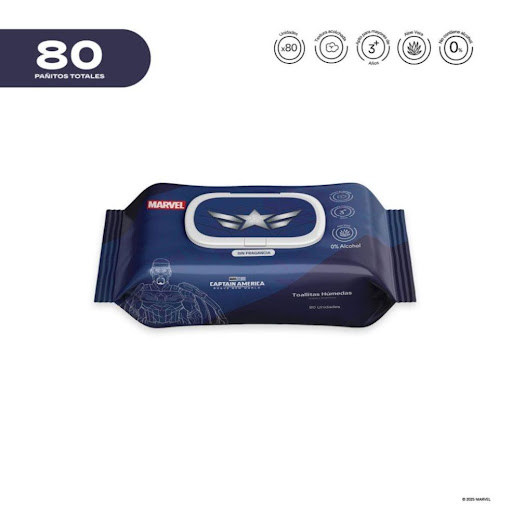 Pañitos Húmedos Marvel Cosmos Capitán America CMS COSMOS Flow-Packs x 80 Unidades Cada pañito húmedo ofrece una textura resistente pero a la vez delicada, brindando una suavidad similar a la de un cojín. Su fórmula no contiene alcohol y está elaborada a base de agua y extractos de 