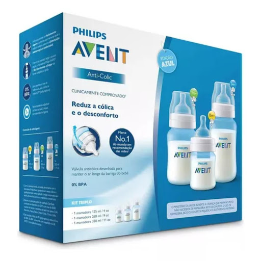 Phillips Avent Set Tetero Anticólico Azul Triple Pack SCY119/20 Avent Caja x 6 El Kit con 3 Biberones Anticólicos Clásico presenta un diseño exclusivo antigoteo, fácil y práctico de montar. Su limpieza es sencilla gracias a su reducido número de piezas separadas, boca ancha y es