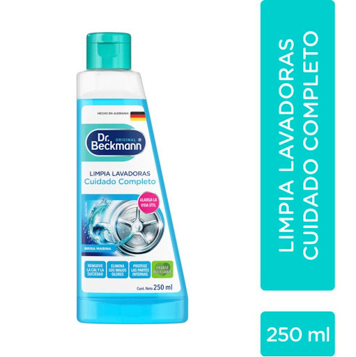 Limpia Lavadoras Dr. Beckmann 250 ml Dr. Beckmann botella x 1 El limpia lavadoras líquido de Dr Beckmann cuenta con una fórmula diseñada para eliminar los residuos de detergente, los malos olores y la suciedad en la lavadora y sus tuberías. Úsalo una vez al mes 
