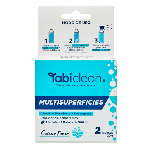 Multisuperficies Repuesto x2 tabletas  TABI CLEAN COLOMBIA 2 tabletas efervescentes x 1 Incluye 2 unidades que rinden 1 litro en total con poder desinfectante. Limpieza versátil para toda la casa: para vidrios, baños, cocina y más. Ideal para recargar tu botella Tabi, reduciendo el despe