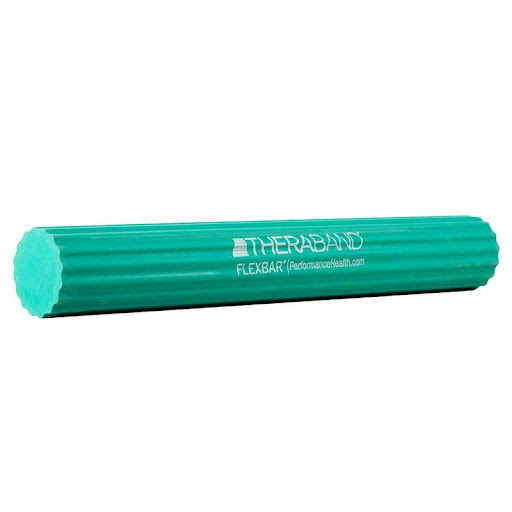 Ejercitador Flexbar Green Theraband UN x 1 Dispositivo flexible con resistencia media-alta, ideal para fortalecimiento de agarre, estabilización de extremidades superiores y reeducación neuromuscular. Su diseño permite realizar ejercicios osci
