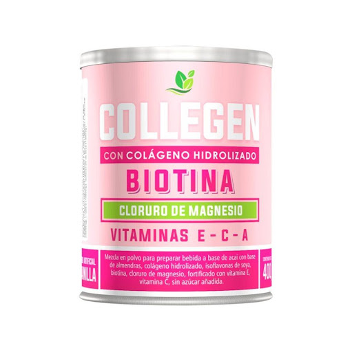 Colágeno Hidrolizado Collegen con Biotina Lata x 400 G Collegen  Hojalata x 1 Colágeno Hidrolizado de origen bovino. Fortificado con vitaminas, minerales y aminoácidos con base de almendras.