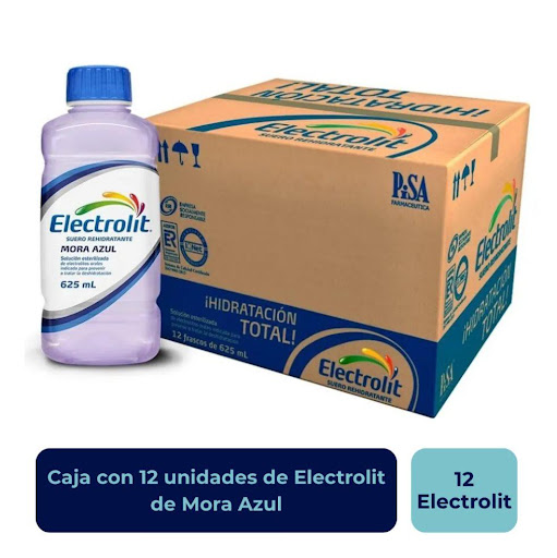 Electrolit Suero Hidratante Mora Azul  ELECTROLIT Caja x 12 ES UN MEDICAMENTO. NO EXCEDER SU CONSUMO. LEER INDICACIONES Y CONTRAINDICACIONES EN LA ETIQUETA. SI LOS SíNTOMAS PERSISTEN, CONSULTAR AL MÉDICO.