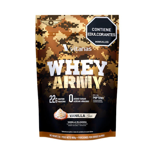 WHEY ARMY X 2 LIBRAS VAINILLA IRLANDESA  VITANAS  BOLSA  x 908 GRAMOS WHEY ARMY es una fórmula avanzada que combina proteína concentrada de suero lácteo con péptidos de colágeno hidrolizado (Peptinex®).
Cada servicio contiene:
22 g de proteína
4 g de carbohidratos.
1 g 