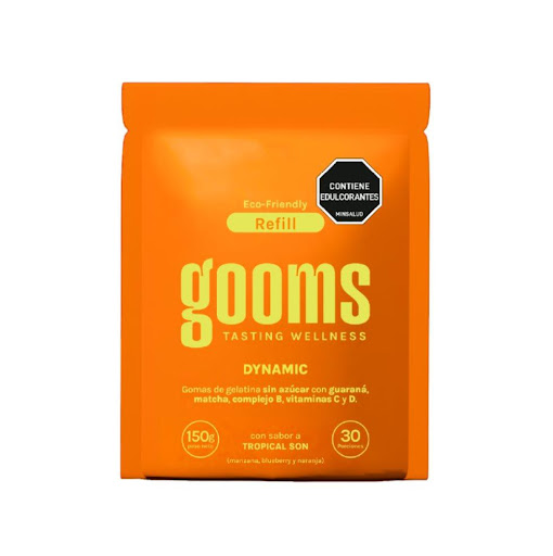 GOOMS Refill Dynamic Boost GOOMS Refill 150gr x 60 Nuestra fórmula diaria con vitaminas del complejo B, vitamina C, vitamina D, matcha y guaraná — nutrientes que contribuyen al metabolismo energético, junto con dos fuentes naturales de cafeína. Sin az