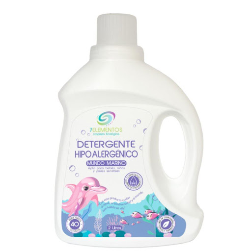 DETERGENTE, 7 ELEMENTOS, HIPOALERGENICO, 2 LT 7 ELEMENTOS 2 LT x 1 Detergente líquido Hipoalergénico, comprobado dermatológicamente para el lavado de todas las prendas especialmente las de bebés, niños y pieles sensibles. Formulado con ingredientes de origen vegetal 