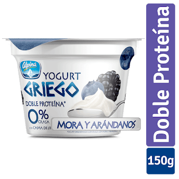 Yogurt Alpina Griego 0% Grasa 6% Proteína Fruta Mora Y Arándanos x 150 gr  