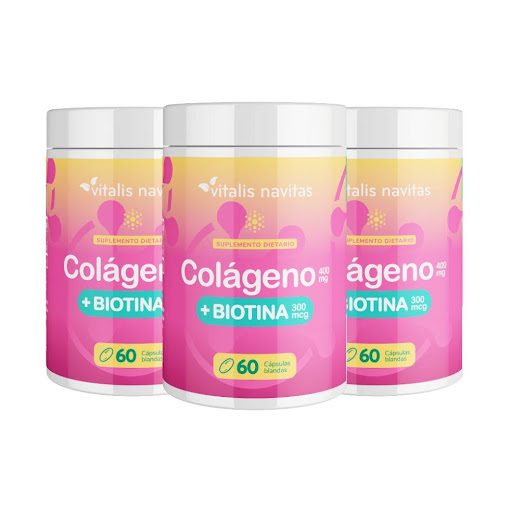 Combo x 3 Frascos Colágeno Hidrolizado + Biotina en Cápsulas Blandas Vitalis Navitas Frasco x 60 cápsulas blandas  x 3 Con este plan de 90 días obtienes 3 frascos de Colágeno + Biotina Vitalis Navitas, diseñado para apoyar la belleza y fortaleza natural desde el interior. Ideal para quienes buscan una rutina constante