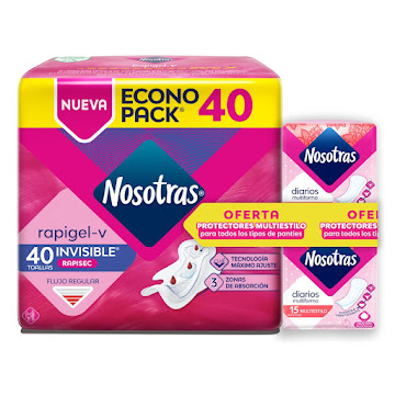 Toallas Nosotras   Invisible Rapigel x 40 und + 2 Protectores Nosotras Multiestilo x 15 und  
