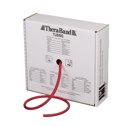 Thera-Tubing Red Rollo Theraband UN x 1 Tubo de resistencia nivel medio-bajo, fabricado en látex, ideal para ejercicio funcional, rehabilitación física y acondicionamiento progresivo de todo el cuerpo. Su formato en rollo permite ajustar la