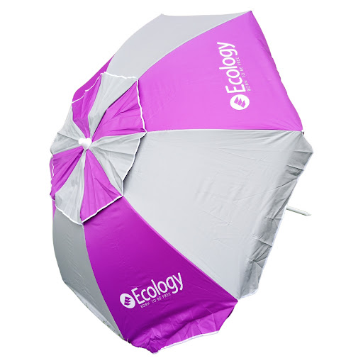 Sombrilla Ecology Uv Fibra Max (Morado Y Gris) Ecology Bolsa x 1 Con esta sombrilla de Ecology tendrás una excelente protección contra el sol y los rayos UV, por lo que es ideal para ir a la playa. Con sus 1.9 m te da la altura suficiente para que puedas fijarla bi