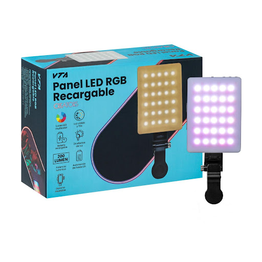 Luz Profesional Recargable VTA Creators 5W con RGB, Soporte y Efectos VTA Caja x 1 La Luz Profesional Recargable VTA Creators 5W es el accesorio perfecto para creadores de contenido que buscan una iluminación de alto nivel en cualquier entorno. Ofrece luz fría, cálida y combinacione