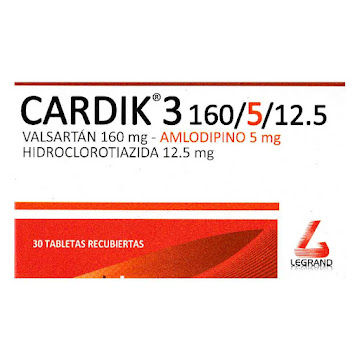 Cardik 3 Valsartan 160mg   + Amlodipino 5mg + Hidroclorotiazida 12.5mg Legrand Caja x 30 Tabletas  