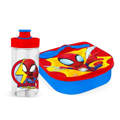 Set Contenedor Tixe + Botella  Poxe Spidey  WANTU CAJA x 2 Set Lonchera Spidey, incluye Contenedor con Cuchara y Botella 11 onzas