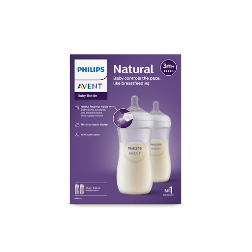 Phillips Avent Tetero Natural Response 3.0 11Oz X2 SCY906/02 Avent Caja x 2 La tetina de respuesta natural solo libera leche cuando los bebés tragan de forma activa. Pueden beber, tragar y respirar con su ritmo natural como en el pecho, lo que facilita que combinen la aliment