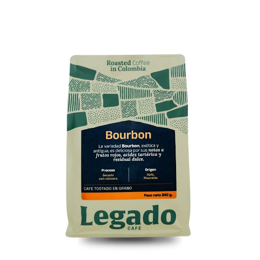 Café Bourbon, tostado en grano Legado Café® Bolsa trilaminada para café con valvula y cierre zipper.  x 1 