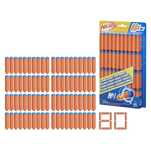 Dardos Nerf N Series 80 Unidades Nerf  x 1 Son un accesorio diseñado para mantener la acción en tus batallas Nerf. Este pack incluye 80 dardos de espuma de alta calidad que garantizan precisión, velocidad y rendimiento. Son compatibles exclusi