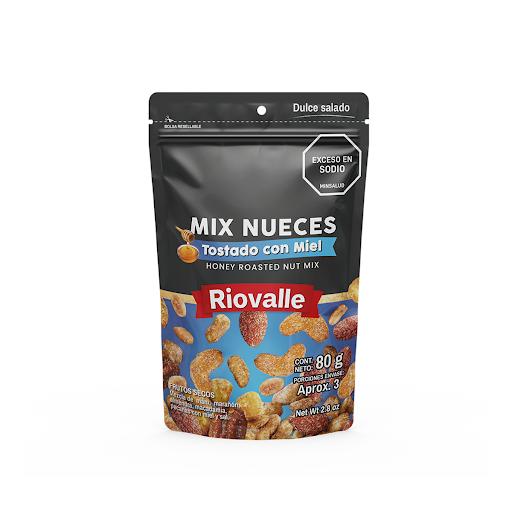 Mix Nueces Tostadas con Miel Riovalle  Megamarket Bolsas Doypack x 1 Mix Nueces Tostadas con Miel RIOVALLE X 80 Gr, mezcla crocante de nueces seleccionadas con toque dulce natural. Snack práctico y energético, ideal para cualquier momento del día. RIOVALLE garantiza ca