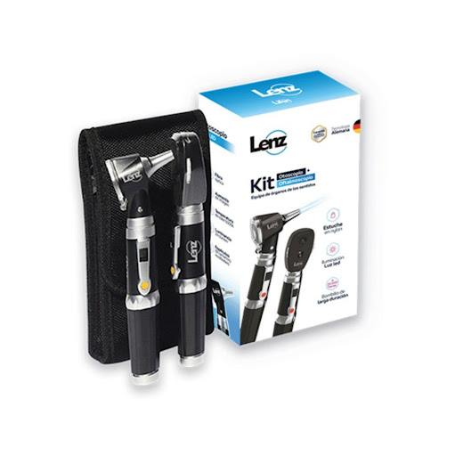 Kit Otoscopio más Oftalmoscopio, Gz10, 5 aperturas, Estuche en Nylon, 1 Equipo LENZ Estuche x 1 El LENZ GZ-10 es un kit diagnóstico de órganos de los sentidos que incluye un otoscopio y un oftalmoscopio de tecnología alemana. Está diseñado para la evaluación básica del oído y del ojo, ofreciendo