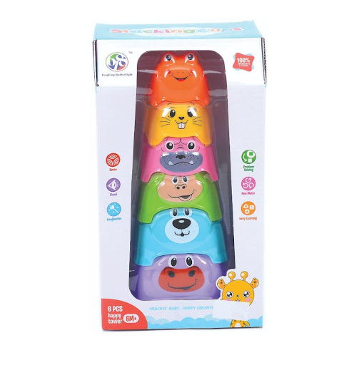 Juego De Apilar Animalitos Happy Caja Plasticos Asociados  x 1 Este juguete educativo cuenta con 6 bloques con caras de animalitos, diseñados en diferentes tamaños y colores para que los niños disfruten apilando y explorando nuevas combinaciones. Su diseño foment