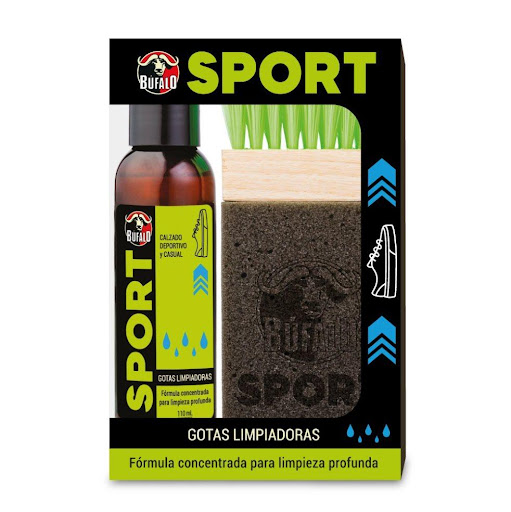 Kit Gotas Limpiadoras Búfalo Sport BÚFALO Caja plegable x 1 Und Las gotas Kit Gotas Limpiadoras Búfalo Sport son un detergente líquido concentrado, formulado para despercudir y realizar una limpieza profunda sin necesidad de enjuagar. Se puede usar en calzado de m