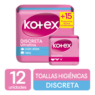 Toallas Íntimas Kotex Ultrafina x 12 und + Protectores Kotex x 15 und  