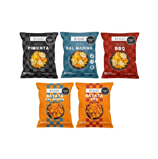 Pasabocas KROST Surtido Paquetes X 45 Gr y 28 Gr KROST 45 gramos x 5 unds KROST MIX es una mezcla de papa, batata y platano. KROST BATATA son chips crocantes de batata de diferentes sabores. Naturalmente libre de gluten, alto en fibra y apto para veganos y vegetarianos. Aco