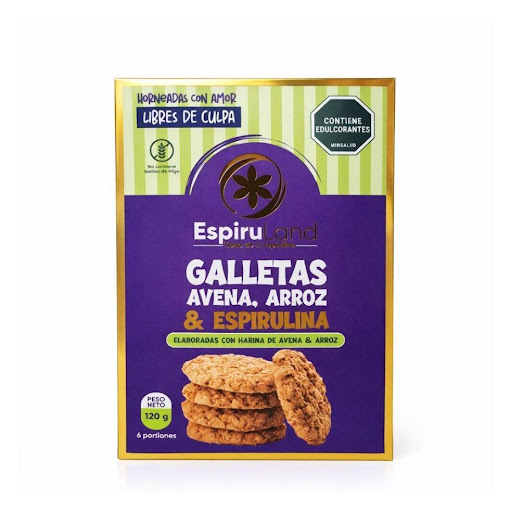 Galletas de avena con espirulina sin azucares añadidos Espiruland Caja por 6 Und x 120g Galletas EspiruLand de avena y arroz con espirulina, sin azúcares añadidos. Caja x 6 unidades (120 g). Snack natural, práctico y delicioso, ideal para un estilo de vida consciente.