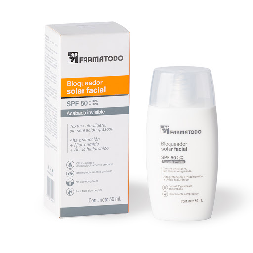 Bloqueador Solar Facial Farmatodo Spf 50+ Acabado Invisible Ácido Hialurónico Frasco x 50 ml