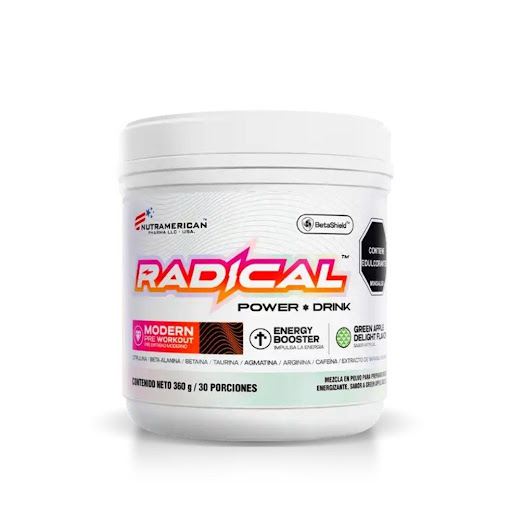 Radical Power Drink Pre-Workout Pre-entreno NUTRAMERICAN PHARMA 0.8 L (360g) x g RADICAL POWER DRINK combina ingredientes de la más alta calidad en dosis precisas: citrulina, beta-alanina, taurina, cafeína y más, formulados para mejorar tu rendimiento y potenciar tu fuerza.