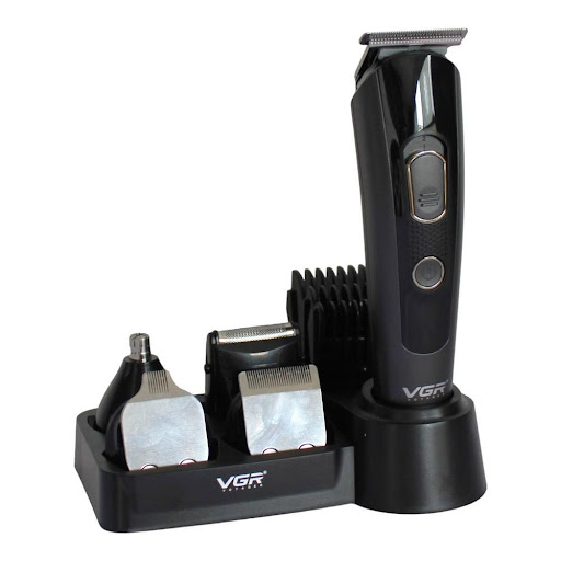 Kit Con Cortapelos Y Recortadora De Barba para Aseo Personal VGR Unidad x 1 Descubre el cuidado personal definitivo con este set de cortapelos 5 en 1 multifuncional. Diseñado para el hombre moderno, este kit de aseo personal incluye cabezales intercambiables y peines guía par