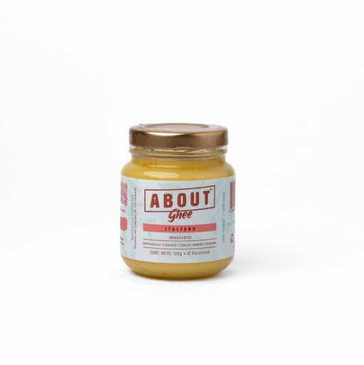 Ghee Italiano 120g ABOUT Envase de vidrio x 1 und Ghee italiano: mantequilla clarificada infusionada con albahaca, tomillo, romero y orégano. Libre de lactosa, caseína y agua. De sabor aromático y herbáceo, con un perfil mediterráneo que eleva cualqu
