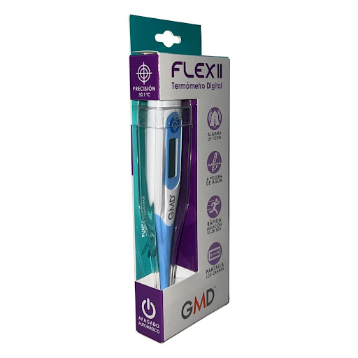 TERMOMETRO DIGITAL FLEX II IMPORMEDICAL  x 1 Este termómetro digital cuenta con una punta flexible, lo que permite una medición cómoda y segura en diferentes zonas del cuerpo (bucal, axilar y rectal). Su pantalla LCD facilita la lectura de la te