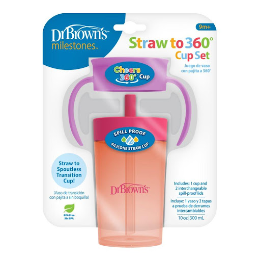 Vaso Pitillo Cheers 2 en 1 Rosa Dr Browns Vaso x 1 Set de entrenamiento Dr. Brown’s Straw to 360° con dos tapas: pitillo suave y tapa 360° antigoteo. Ayuda al bebé a aprender a beber solo. Fácil de limpiar, apto para lavavajillas y libre de BPA.