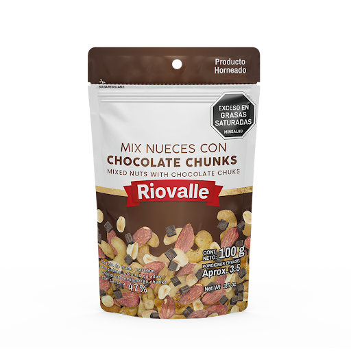 Mix Nueces con Chocolate Chunks Riovalle Megamarket Bolsas Doypack x 1 Mix Nueces con Chocolate Chunks RIOVALLE X 100 Gr, mezcla crocante de nueces seleccionadas con trozos de chocolate. Snack energético, práctico y listo para consumir en cualquier momento. RIOVALLE gara