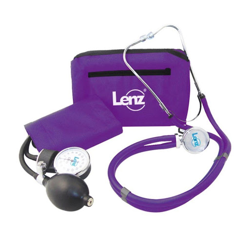 Kit Fonendoscopio + Tensiómetro Manual  GZ-50  Color Purpura LENZ Caja + Estuche x 2 Este kit es un set combinado que incluye tanto un tensiómetro aneroide manual como un fonendoscopio tipo Rappaport clásico, con excelente capacidad acústica.

Tubo doble en PVC de alta densidad para a