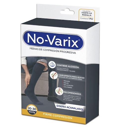Media de compresión No-Varix hombre 20-30 mmHg clásica azul M No- Varix  x 1 Estas medias con textura acanalada son perfectas para ocasiones casuales y semiformales.  Contiene algodón que proporcionan comodidad a los pies, facilitad de colocación y son transpirables. Las media