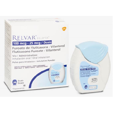 Relvar Elipta Furoato Fluticasona + Vilanterol 100mg/25mcg Inhalador Theravance x 30 Dosis  