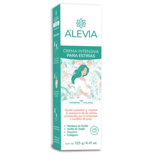 CREMA INTENSIVA PARA ESTRÍAS X 125 GR ALEVIA                                                   ALEVIA 125 GR x 1 A’levia Crema intensiva para las estrías ayuda a prevenir y/o mejorar la apariencia de las estrías provocadas por embarazo o cambios de peso. Usado por hombre y mujeres que quieren mejorar la elastici
