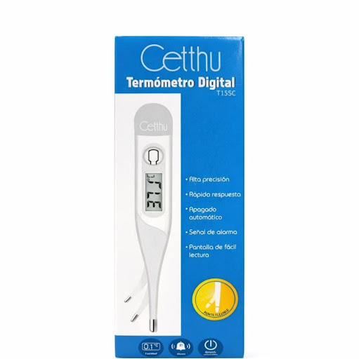 Termómetro Digital Punta Flexible  Cetthu Caja con estuche x 1 und Termómetro digital con pantalla de cristal líquido. Ideal para la medición de temperatura corporal con precisión +/- 0.1. Libre de mercurio, respuesta en 60 segundos. Cuenta con una señal acústica que