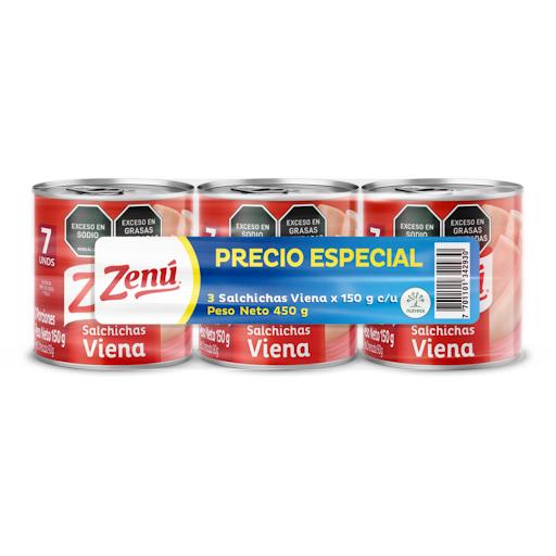 Pack Salchichas Viena Zenú x 150 gr Zenú Lata x 3 El paquete x 3 unidades de Salchichas Viena Tradicional Zenú. Están hechas con carne de cerdo y pollo, 25% reducida en sodio y cada lata contiene 7 unidades. Es el mejor snacks para calma tu antojo co