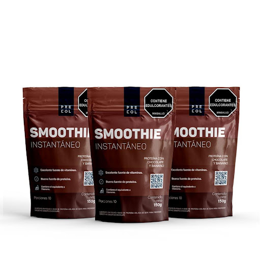 Smoothie + Precol + Chocola Banano + 150 g + Pack 3 und PRECOL 3 UND x 3 SMOOTHIE INSTANTÁNEO SABOR CHOCOLATE. es un producto alimenticio en polvo granular rico en proteina que presenta una coloración café cremoso con notas de aroma y sabor característicos a chocolate y ba