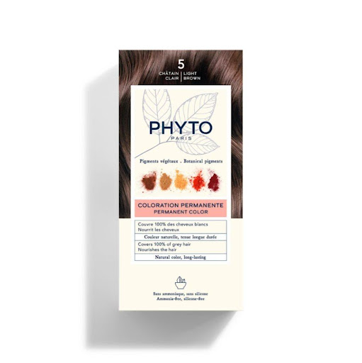 Tinte Phyto Color 5 Castaño Claro PHYTO caja x 1 Una fórmula enriquecida con pigmentos vegetables seleccionados y fabricados en Francia que provienen de 5 plantas de tinción que aportan reflejos naturales y luminosos.Con un mínimo de 7 pigmentos por